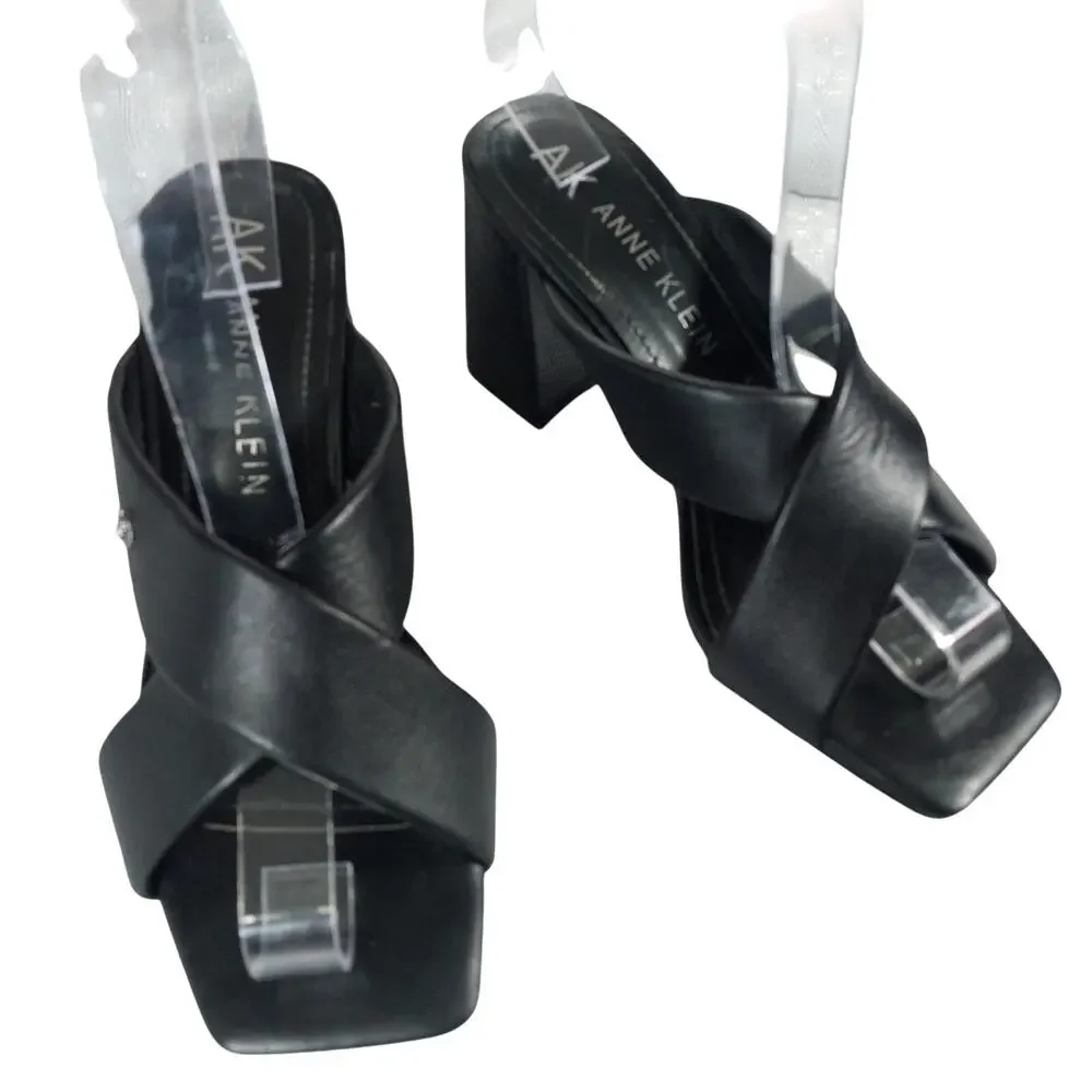 ANNE KLEIN! BLACK VEGAN LEATHER CRISS CROSS STRAP CHUNKY HEELS, SANDALS! 6.5M